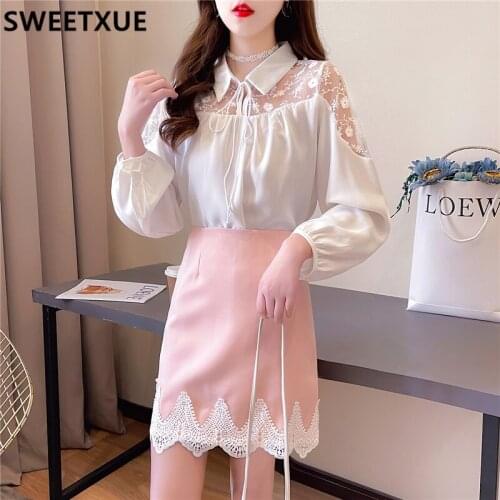 SWEETXUE 2021 Spring Autumn Elegant Retro Lace Stitching Chiffon Hollow Shirt + High Waist Skirt Suit 2-Piece Set Womens