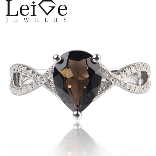 Leige Jewelry Natural Brown Color Smoky Quartz Gemstone Pear Shape Prong Setting Career Rings With Stone 925 Sterling Silver