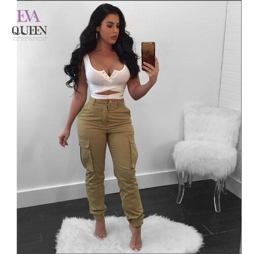 Evaqueen Solid Khaki Casual Sashes Cargo Pants For Women Zippered Fly Pockets Long Pants High Waist Slim Autumn Pencil Trousers
