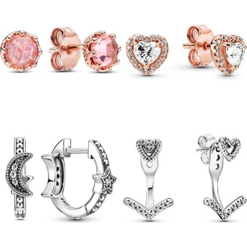 Authentic 925 Sterling Silver Rose Sparkling Crown Wishbone Elevated Heart Earrings With Crystal For Women Fashion Jewelry Gift