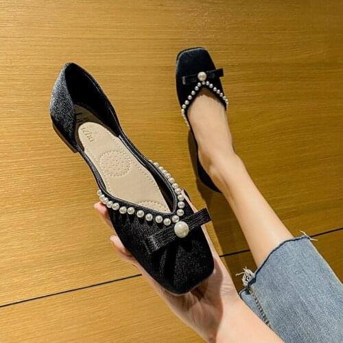 White Pearl Flats Shoes Womens Flat Bottom 2021 New Square Toe Shallow Mouth Womens Shoes Flats Shoes Women Ladies Female Shoe