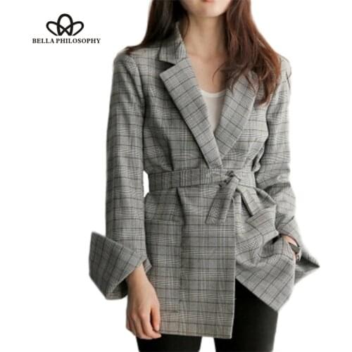 New Spring Autumn Women Gray Plaid Office Lady Blazer Fashion Bow Sashes Split Sleeve Jackets Elegant Work Blazers Feminino