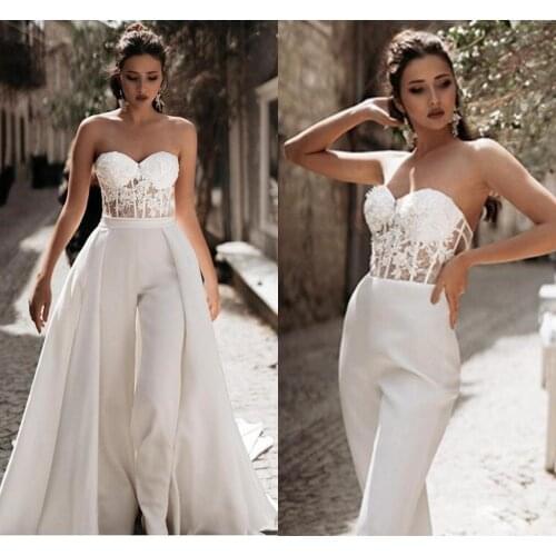 Sweetheart Jumpsuit Pants Suit Wedding Dresses with Detachable Train Beach Satin Lace Appliques White Ivory Elegant Bridal Gowns