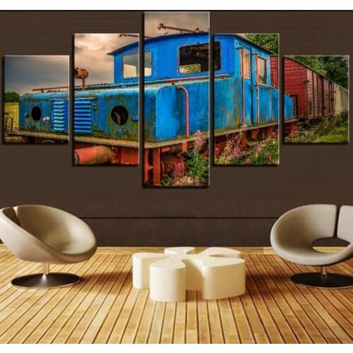 5 Pieces Train Canvas Posters Transportation Pictures Old Tattered Blue Train For Home WALL Modern Decor Wallpapers Artwork