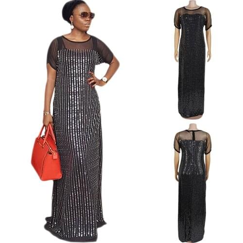 African Women Maxi Dress Dashiki Sexy Elegant Party Evening Robe Africa Clothing Short Sleeve Sequin Hot Drilling Luxury Fashion