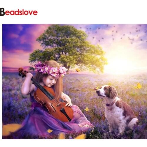 Diamond Embroidery DIY 5D Diamond Painting Violin Girl And Dog Sunset Diamond Mosaic Cross Stitch Kit Needlework Decoration S69