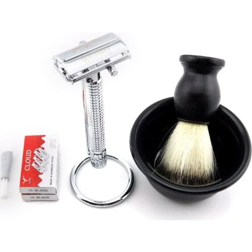 WEISHI Butterfly Safety Razor Long handle Silvery Gun color Bronze + Stand + 20 blades + Clean brush + Bowl + Shaving brush NEW