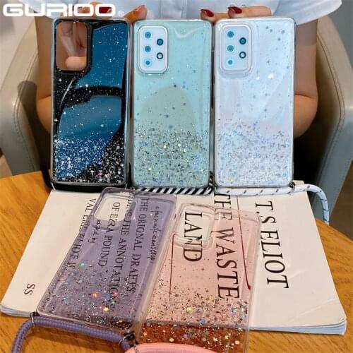 Strap Cord Chain Case For Xiaomi Redmi Note 10 9 8 7 6 5 Pro Max 10S 9S 9T 9A 9C 8T 8A Mi Poco X3 NFC X2 M3 F2 Pro Glitter Cover