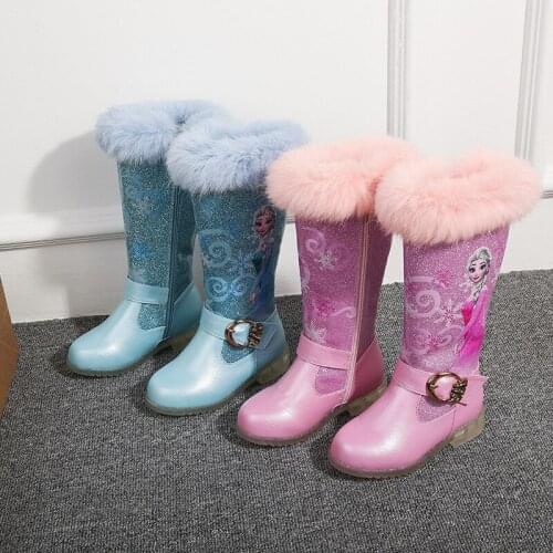 Disney childrens cartoon frozen princess girl high-heeled thickened plus velvet warm cotton boots cotton shoes leather boots