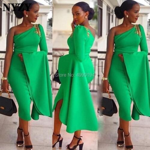 NYZY C98 Elegant Grass Green Satin One Long Sleeve Evening Dress Short Tea Length Robe Cocktail Dress Party vestido coctel 2019