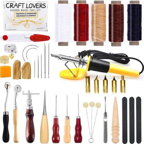 Imzay 34PCS Leather Starter Kit With Leather Burning Tool, Waxed Thread Cord, Leather Sewing Needles, Leather Stitching Kit