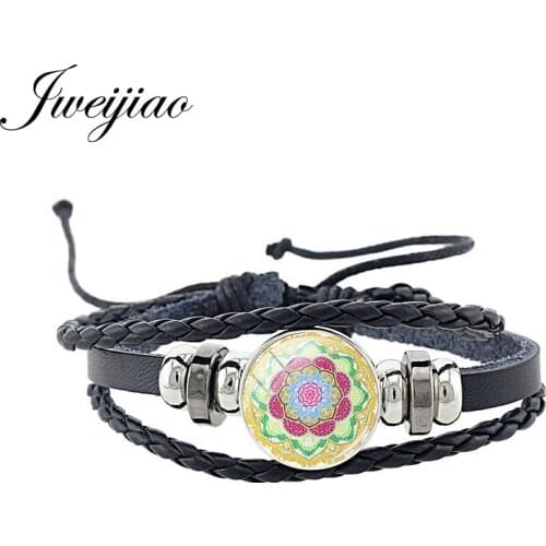 JWEIJIAO Mandala Flower Art Picture Bangles PU Leather Charm Bracelet Glass Cabochon Snap Button Vintage Religion Jewelry MA120
