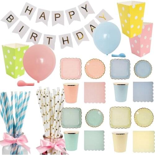 8pcs Candy Color Plate Disposable Tableware Party Set Birthday Baby Shower Wedding Decoration Paper Straw Party Birthday Supplie