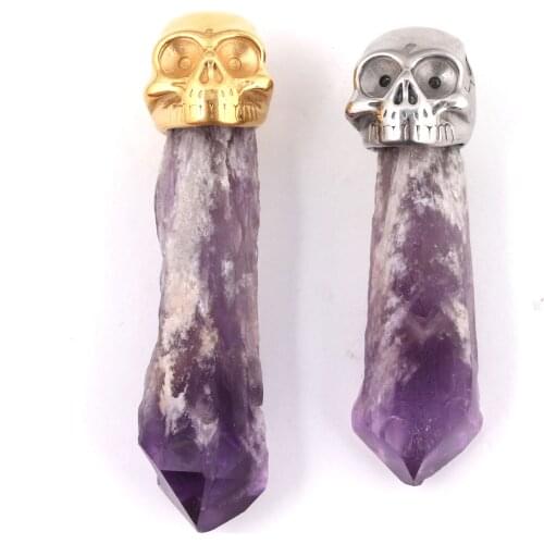 KFT Natural Irregular Raw Amethysts Crystal Quartz Pendant Stainless Steel Skull Head Punk Style Pendant For Women Men Jewelry