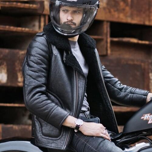 Mens Natural Shearling Sheepskin Jacket B3 Flight Jacket Short Leather Jacket Aviator Fur Black Coat