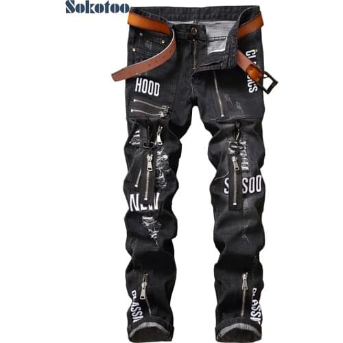 Sokotoo Mens zippers letters embroidered black stretch denim jeans Trendy holes ripped distressed slim pants