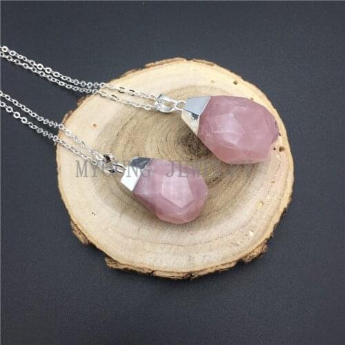 MY0922 Faceted Teardrop Roses Quartz Pendant Charm,Pink Crystal Pendant Necklace with Silver Color Cap And Chain