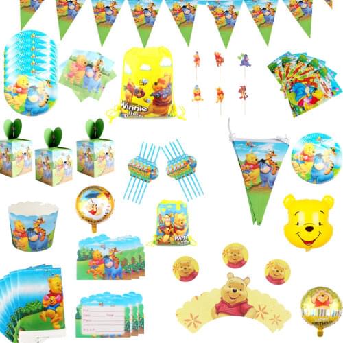 Disney Winnie the Pooh Cartoon Party Disposable Tableware Set Plates Cup Napkin Hat Decorations Baby Shower Kids Favor Supplies