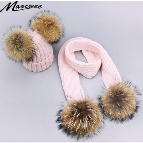 Unisex Solid Color Scarf Hat Set Children Beanies PomPon Knitted Skullies Hats Pure Colour Autumn And Winter Warm Pure Colour