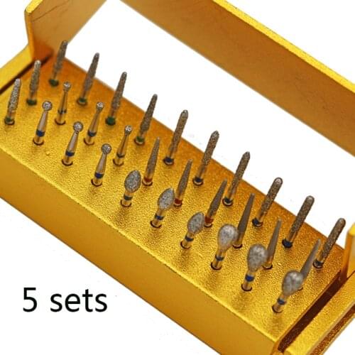 5sets Dental Diamond Burs Drill for High Speed Handpiece+Holder Alumimum Box Dentist Tools Dentistry Lab For Teeth Whitening