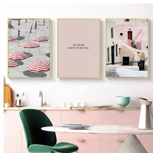 Pink Parasols Wall Art Decoration Canvas Painting Santorini Buildings Posters And Prints Letter Wall Pictures For Living Room