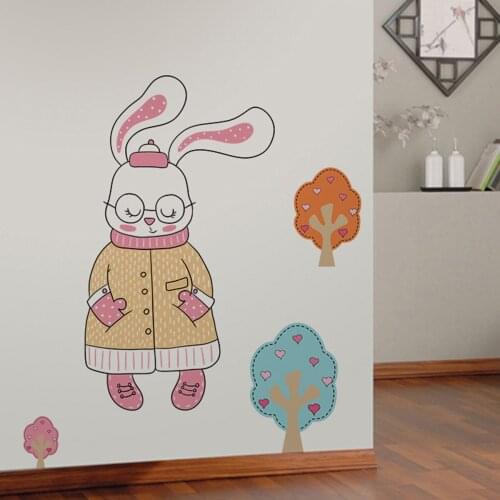 Wall Decals Cute Cartoon Bunny Tree Self-Adhesive Art Wall Stickers for Nursery Kids Room Bedroom Decoration