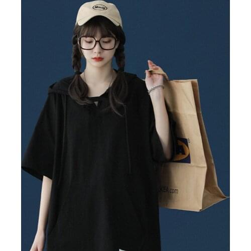 Short Sleeve Sweater T-shirt Womens 2021 New Summer Hoodie Loose Half Korean Port Style Ins 5-sleeve Top