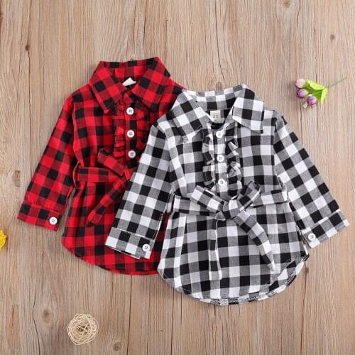 Kid Girl Dress Plaid Midi Long Sleeve Round Lapel Collar High Waist with Waistband Buttons Princess Shirt
