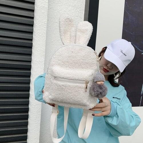 Rabbit Ears Fluffy Bag For Girls 2021 Autum/Winter New Kawaii Mini Fur Backpack Cute Plush Solid Color Furry Backpacks For Kids