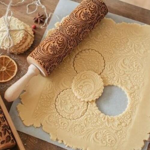 Christmas Embossed Rolling Pin Wood Carved Cookies Biscuit Fondant Dough Baking Engraved Printed Roller Holiday Gifts