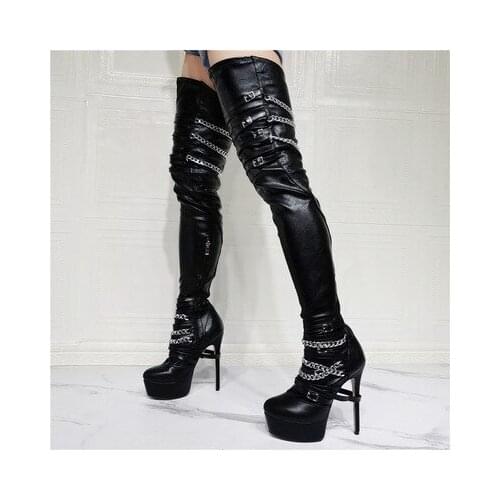 Sexy Women Crotch Platform Boots Chains Tenis Feminino Cosplay Unisex Shoes Woman Man Super Ladies Shoes Botas Large Size 47 52