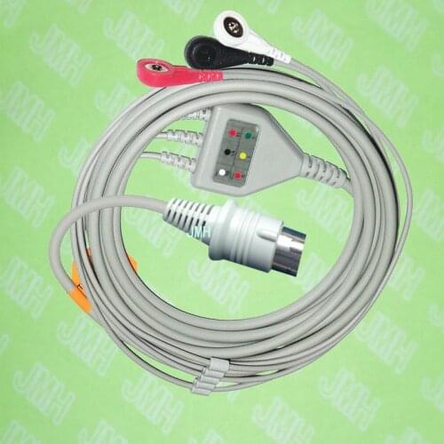 Compatible with 8pin Nihon Kohden ECG Machine the one-piece 3 lead cable and snap leadwire,IEC or AHA