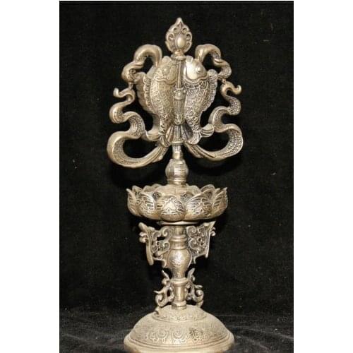 10.8" Old Tibet Buddhism Silver 8 Auspicious Symbol Double Fish Lotus Statue