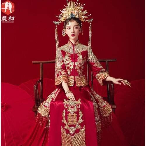 Vintage Elegent Modern Asian Red Embroidery Clothing Traditional Chinese Style Bride Wedding Dress Toast Cheongsam