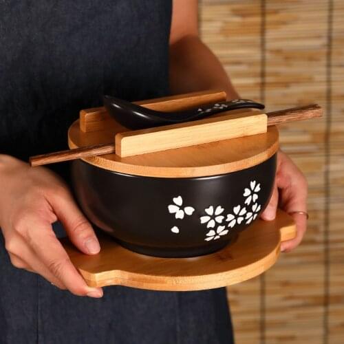 Japanese Ceramic Ramen Bowl With Lid Large Noodles Fruit Soup Bowls Kitchen Tableware Bring Wooden Spoon Chopstick Eco-Friendly