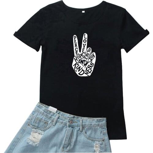 Hope Kind and Love Tshirt Women Funny Word Hand Graphic T-shirt for Women Fashion Cotton Black Short Sleeves Women T Shirts Tops