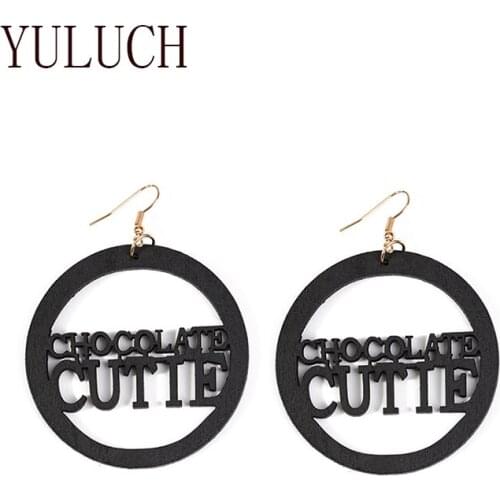 YULUCH Wood earrings women hollow out words pendant jewelry girls art simple accessories party chocolate cutie earring girl