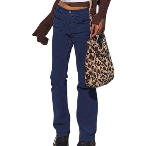 Women Mid Waisted Corduroy Ribbed Velvet Long Pants Harajuku 90s Vintage Solid Color Straight Leg Trousers with Pockets