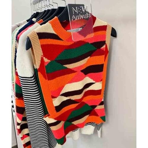 Knitted Vest 2021 Women Runway Design Ladies Colorful Sleeveless Pullover Geometric Argyle Sweater Vest Kint Tops