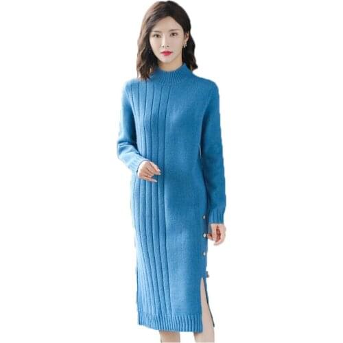Blue Knitted Dress Women 2021 New Autumn Winter One Size Loose Korean Black Flower Rice Fashion Thick Warm Dress Vestido N1193