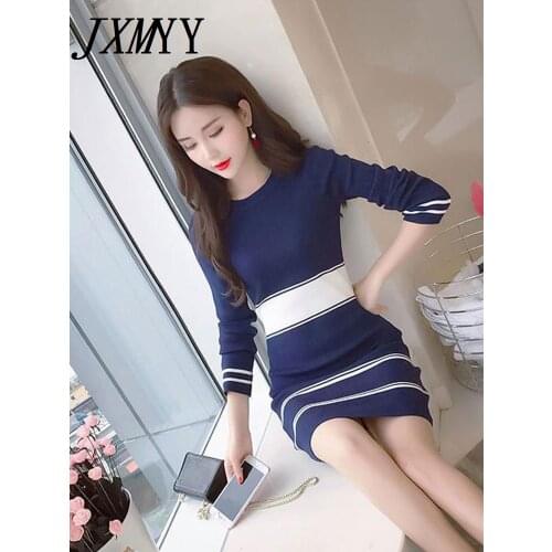 Autumn and winter new knitted dress womens striped mid-length section waist waist was thin package hip sweater base skirt women
