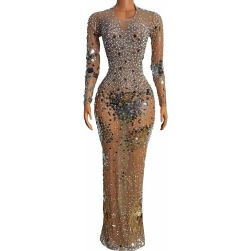 Sparkly Pearl Rhinestones Sequins Long Dress Women Stage wear SexyTransparent performance Costume Evening Gown Prom Party Outfit