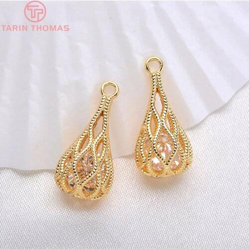 4PCS 20*10MM 24K Champagne Gold Color Brass with Zircon Double Drop Charms Pendants High Quality Jewelry Accessories