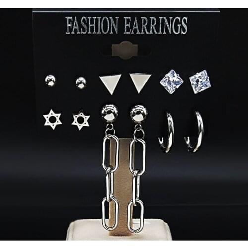 6 Pair Hexagram Stainless Steel Stud Earrings for Women Silver Color Set Crystal Earrings Jewelry joyeria pendientes E612901