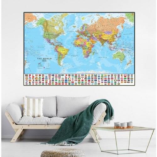 90*60cm The World Map with National Flags Canvas Painting Posters and Prints Wall Decoration School Supplies Home Decor