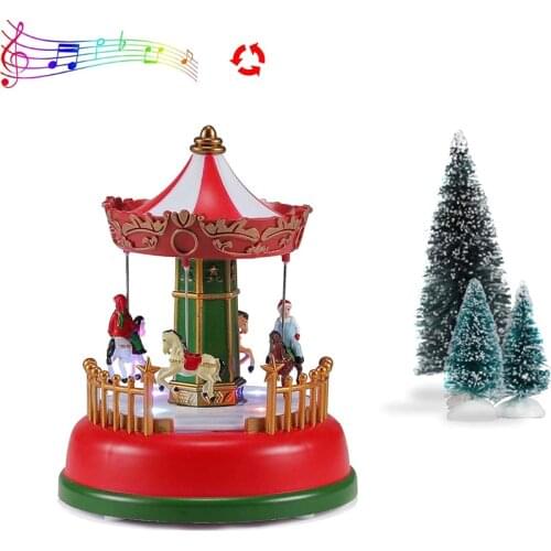 Animated Christmas Village Accessories Carousel with Led Light-Up Musical Mini Carnival Holiday Displays House Decoration Gifts
