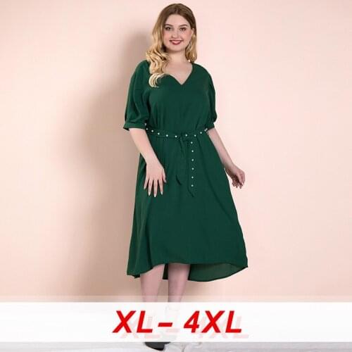 Asymmetric Cut Casual Plus Size Beaded Sash Midi Dresses Middle East Clothing Long Dress V Neck Women Half Sleeve Short Sleeve