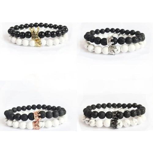 Trendy Mens pink blue Natural Stone Bracelet couple Black Beads Bracelet moonStone Crown bead Bracelet Jewelry for Men