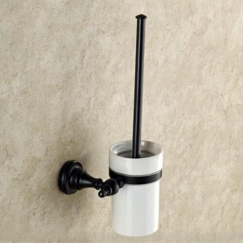 Oil Rubbed Bronze Toilet Brush Holders With Ceramic Cup Wall Mounted Black Brass Toilet Brush Bathroom Accessories BD610