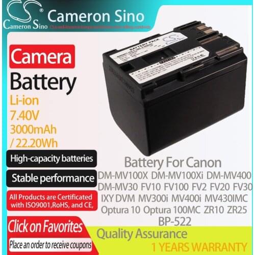 CameronSino Battery for Canon DM-MV100X DM-MV100Xi DM-MV30 FV10 FV100 IXY DVM MV300i Optura 10 fits Canon BP-522 camera battery